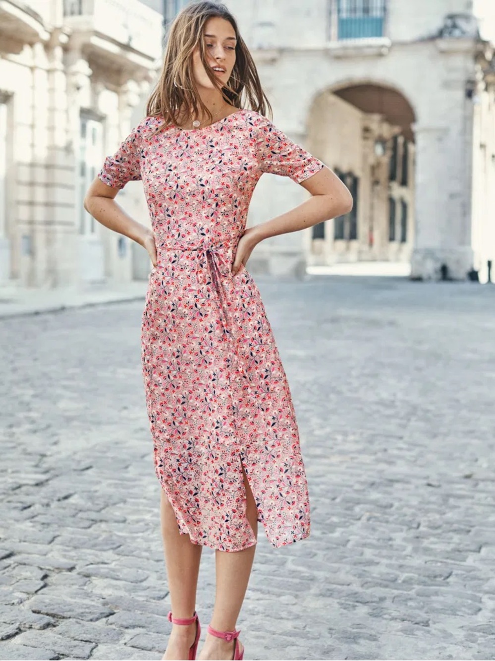 BODEN‎ Jane Milkshake Pink Floral Midi Dress Petite 4 Short Sleeve Women’s